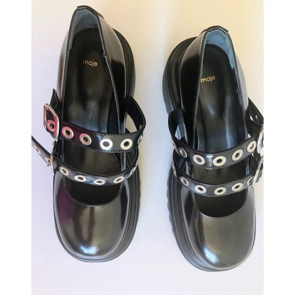 Maje Platform Babies with Silver Eyelets Shoes Black Size FR 40/ US 10 - Picture 6 of 7